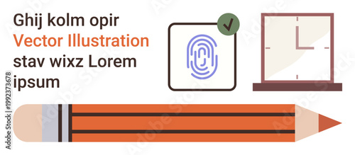 Authentication, writing tools, time management, digital security, identity, and workplace concepts. A badge with a fingerprint, pencil text and clock . Authentication and writing tools concept