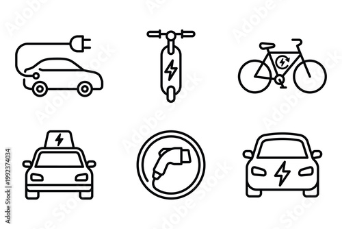 Collection of electric vehicle and charging station icons for ecofriendly transport and technology themes