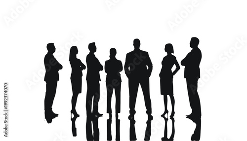 Businesspeople stand in a line representing a collaborative team effort within a corporate environment.