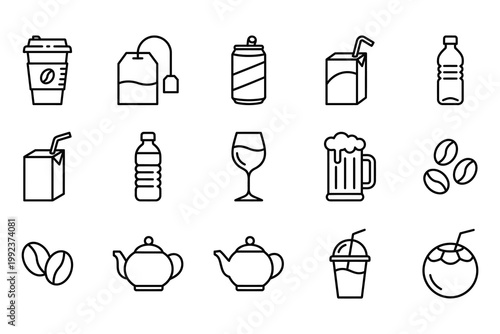 Collection of handdrawn beverage and drink icons including coffee tea juice and soda vectors