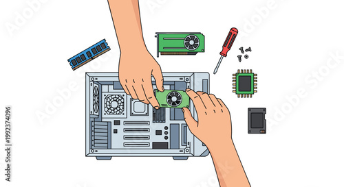 Two hands meticulously install a green graphics processing unit into a silver computer motherboard within a desktop chassis on a clean white background.