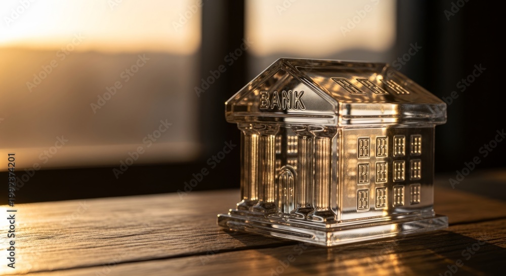 Fototapeta premium Glass Bank Model on Desk at Golden Hour
