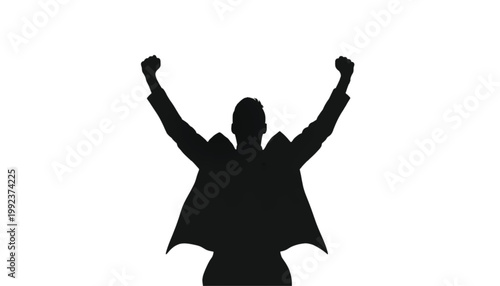 Businessman raises his arms in a gesture of victory to celebrate a major professional achievement today.