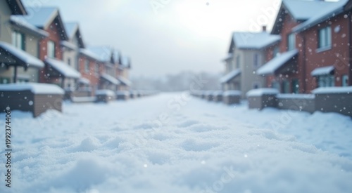 Snowy street with houses and snow in the foreground