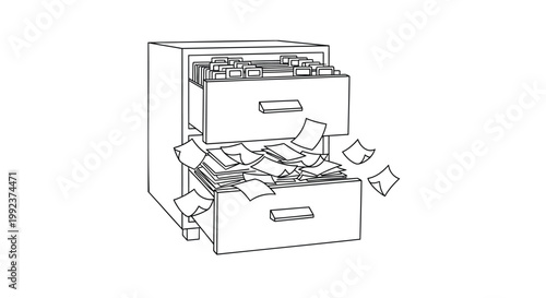 disorganized office filing cabinet, messy paperwork, overflowing drawers, line art illustration