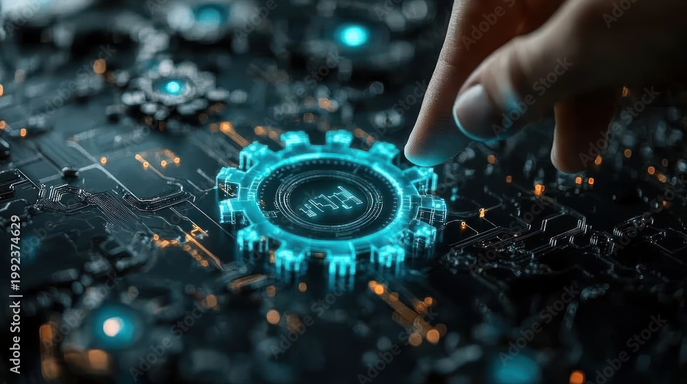 Obraz premium Finger activates digital gear; circuit board background; technology concept; website illustration