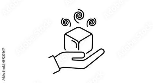 Hand holding ice cube with swirls, cold temperature concept, frosty weather symbol, climate change icon