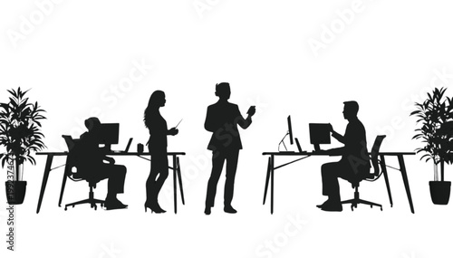 Colleagues collaborate in an office setting with desks and plants to illustrate a productive workspace.