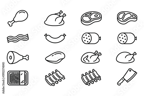 Handdrawn line icons of various meat cuts and products vector illustration set