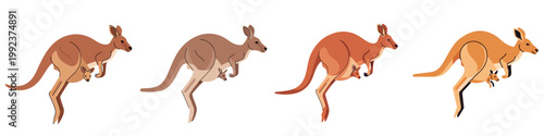 Clean flat vector of a hopping kangaroo with a joey in its pouch, colors, simplified shapes, white backdrop.