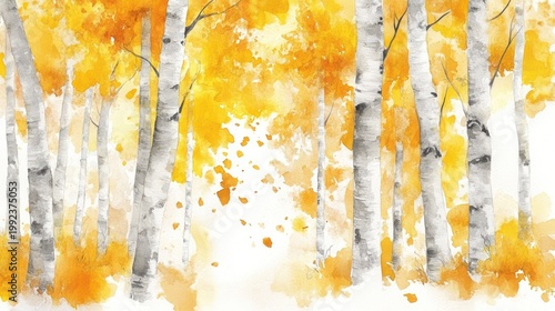 Watercolor autumn birch forest background image