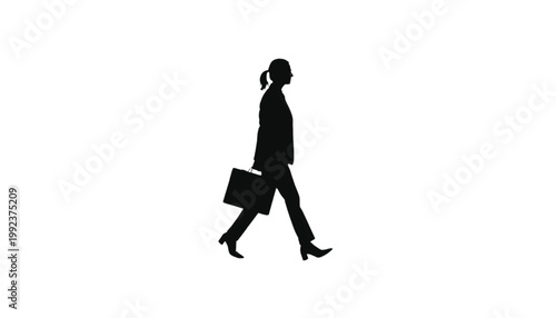 Businesswoman walks with a briefcase to demonstrate professional movement toward a specific goal.