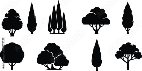 Set of nine black tree silhouettes featuring diverse shapes including cypress, oak, and shrubbery clusters isolated on white background for design,