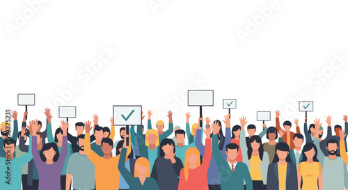 A large and diverse crowd of people raise their hands and hold up white signs featuring green checkmarks against a pristine white background.