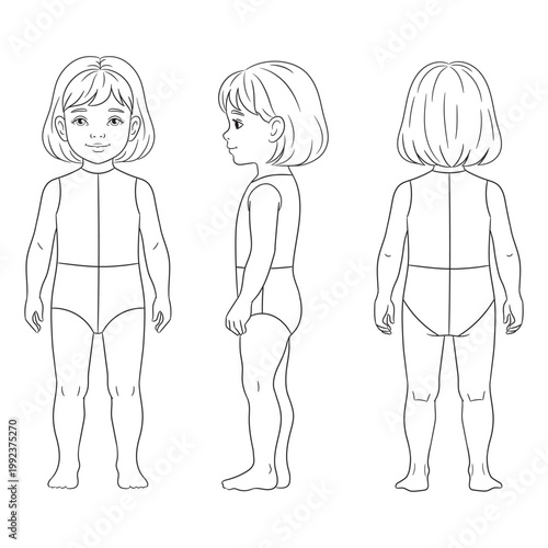 Vector fashion figure template of a 3-year-old toddler girl featuring front, side, and back views for professional apparel design and technical sketching

