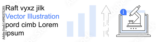 Science innovation, data analysis, research growth, biotech progress, educational tools, technology advancement. Microscope on computer, bar chart and info icon. Science innovation and data analysis