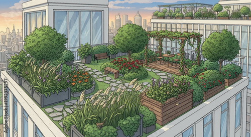 Rooftop garden, urban oasis, green space, modern architecture