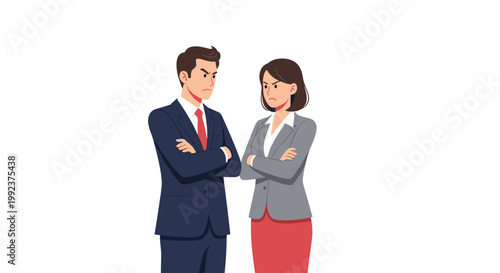 A professional man and woman in business suits stand face-to-face with angry expressions and crossed arms during a serious corporate disagreement.
