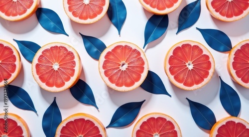 Many slices of grapefruits with leaves on the table food background