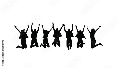 Group silhouettes jump in the air with their arms raised high to celebrate a shared success.