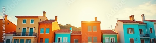 Brightly colored houses in a row with a blue sky in the background banner copy space
