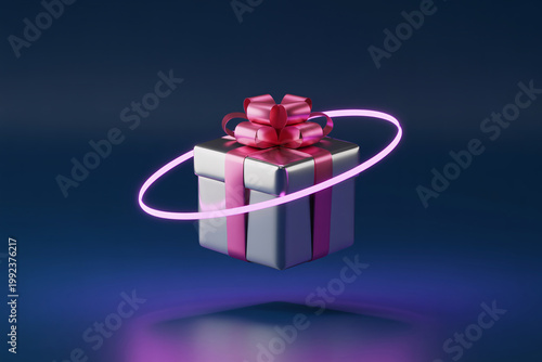 A beautifully wrapped gift box with a pink ribbon and a neon light orbiting around it