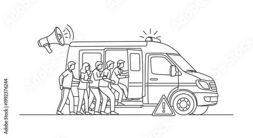 An ambulance van transports a group of people in an emergency situation while a megaphone broadcasts an urgent alert to the public about the ongoing crisis near the roadside.
