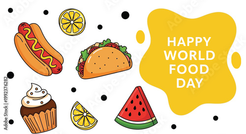 Food items including a hot dog and taco are arranged next to a yellow abstract shape containing text to commemorate global culinary traditions during the annual food festival.