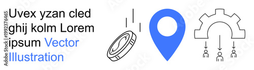 Technology innovation, blockchain applications, data processes, geolocation services, system integration, automation workflows. Blue pin icon, blockchain token gear connecting people. Geolocation