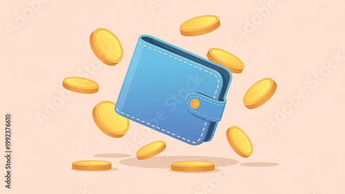 A blue wallet with gold coins floating around it in mid-air on a peach background
