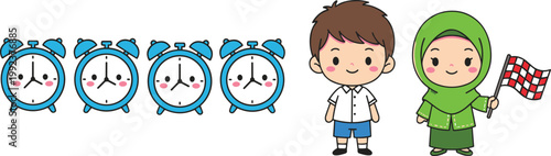 Cartoon vector illustration of alarm clocks with children holding flag, playful educational design