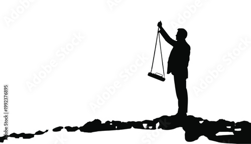 Businessman stands on a rocky ledge while holding a pair of hanging scales to weigh his professional options.