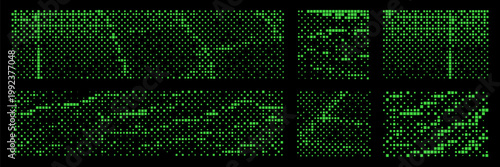 Set of bitmap pixel background with green gradient pattern and 8bit art. Glitch video game design.