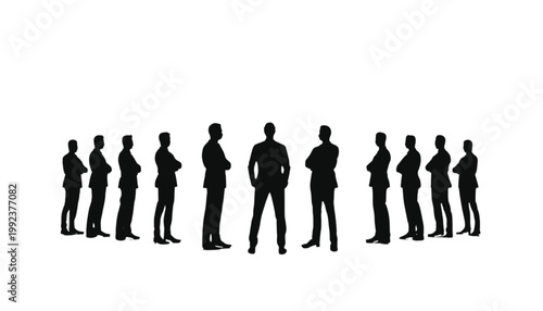 Professionals stand in a semi-circle formation to demonstrate corporate unity and team collaboration.