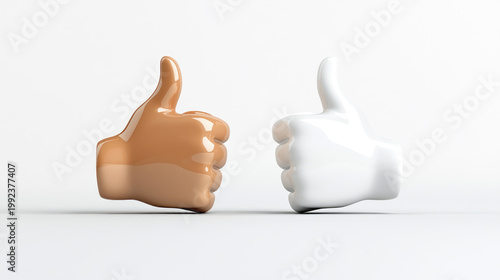 Two abstract hands, one appearing in a mix of brown and white and the other in white and beige, are giving a thumbs up gesture, representing concepts of approval, diversity, and unanimous agreement