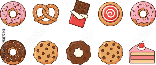 Vector illustration of assorted desserts including donuts, cookies, pretzels and cake in sweet design