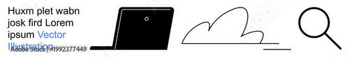 Cloud computing, data storage, online search, technology innovation, cybersecurity, remote work. A laptop, cloud outline and magnifying glass. Cloud computing and data storage concept