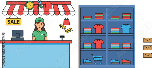 Vector illustration of clothing store interior with cashier counter, sale signs, shelving, and retail elements