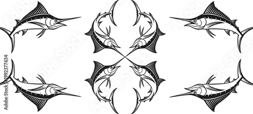 Vector illustration of symmetrical swordfish pattern with detailed line work in marine design