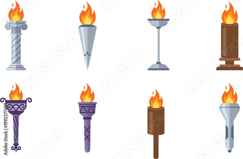 Vector illustration of torches with flames in classical and modern designs for ceremonial and symbolic use