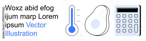 Health monitoring, nutrition tracking, education tools, food wellness, temperature measurement, finance. Thermometer, avocado and calculator icons. Health monitoring and nutrition tracking concepts