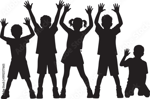 Children silhouettes with hands up, happy excited kids standing and cheering, diverse group.