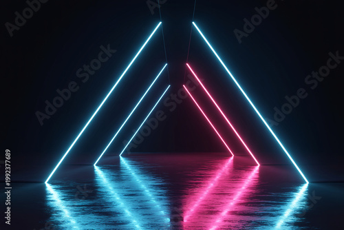A futuristic neon-lit triangle formation with vibrant pink and blue lights reflecting on a dark floor