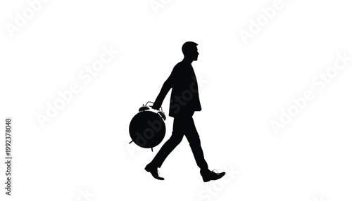 Businessman walks while carrying a large alarm clock to represent the concept of time management.