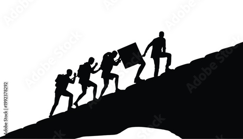Hikers carry a large cube up a steep mountain slope to represent overcoming difficult challenges.