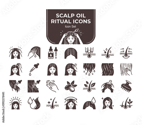 Woman Massaging Scalp Argan Oil Hair Parted Fingertips Pressing Roots Warm Natural Light Wet Dry Hair Oil Application Hair Nourishment Ritual Beauty Vector Illustration