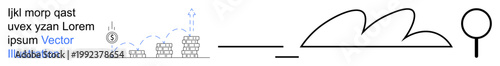 Business analytics, finance growth, minimalism, technology, branding, creative design. A financial chart, city buildings a line cloud and circle. Business analytics and finance growth concept