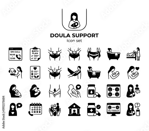 Doula & Birth Support Ops Icon Set: Maternity Care & Postpartum Vector
