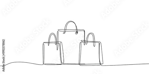 Three minimalist black and white shopping bags line drawing