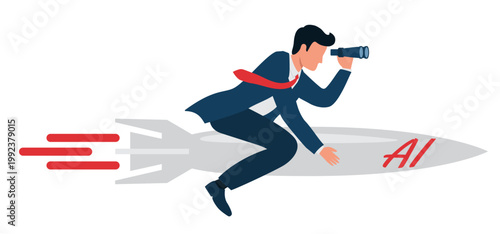 Businessman on a rocket with binoculars in his hands. Concept of rapid development of artificial intelligence technologies and use of AI to achieve success